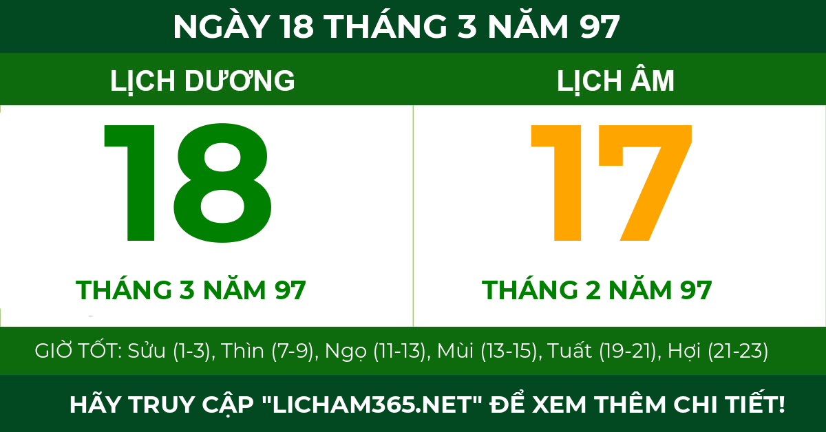 lịch âm ngày 18 tháng 3 năm 97