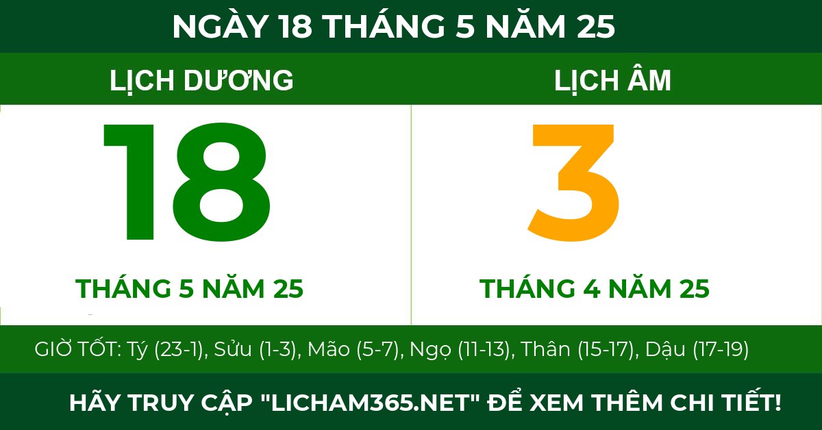 lịch âm ngày 18 tháng 5 năm 25