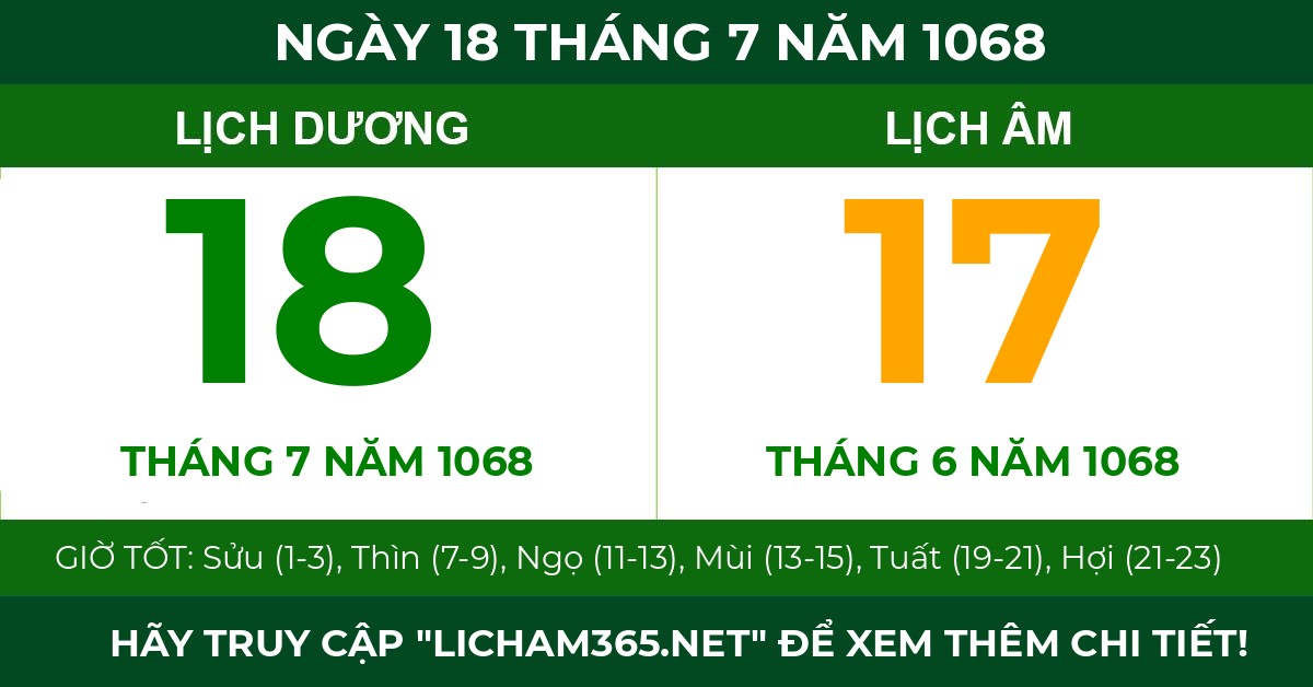 lịch âm ngày 18 tháng 7 năm 1068