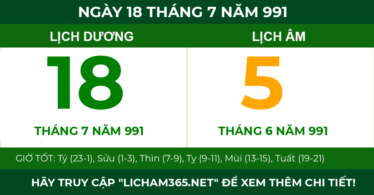 lịch âm ngày 18 tháng 7 năm 991