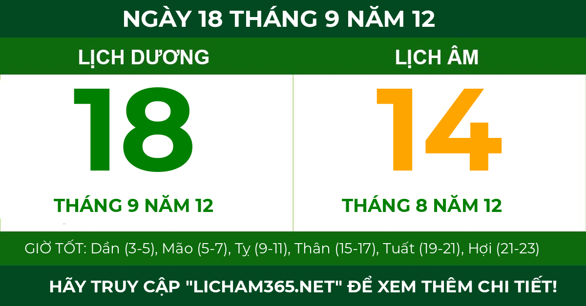 lịch âm ngày 18 tháng 9 năm 12