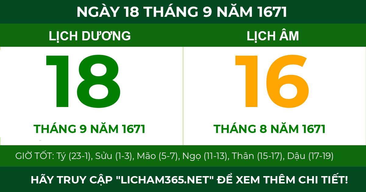 lịch âm ngày 18 tháng 9 năm 1671