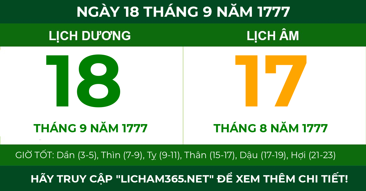 lịch âm ngày 18 tháng 9 năm 1777