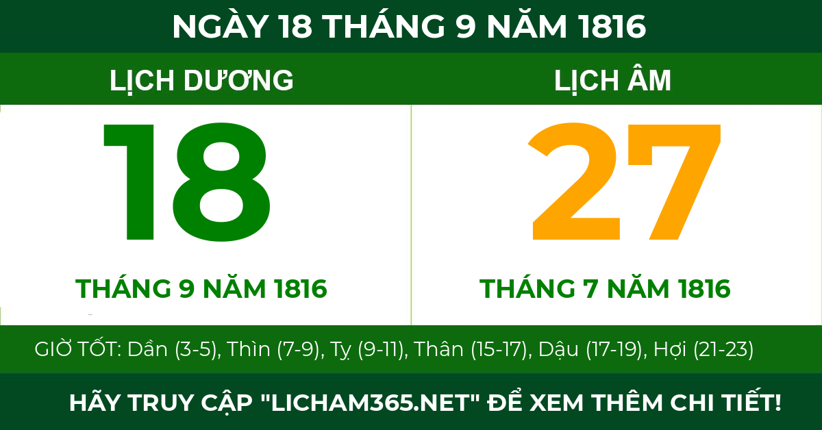 lịch âm ngày 18 tháng 9 năm 1816