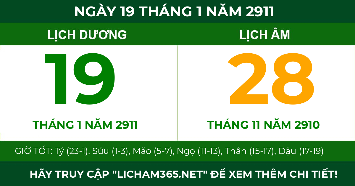 lịch âm ngày 19 tháng 1 năm 2911
