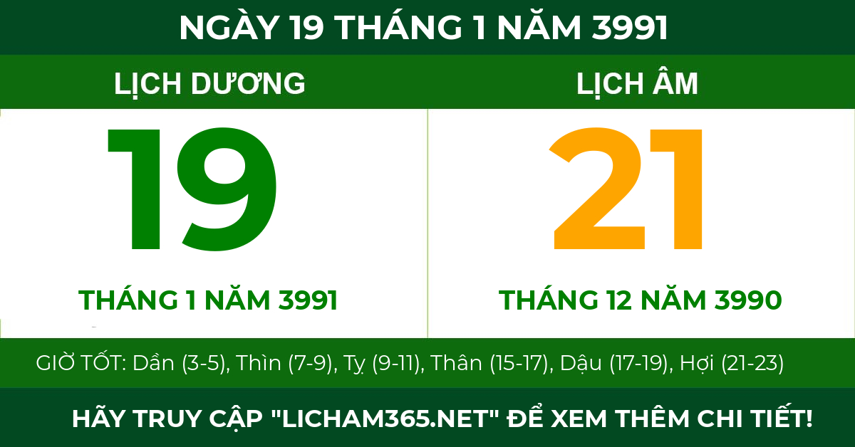 lịch âm ngày 19 tháng 1 năm 3991
