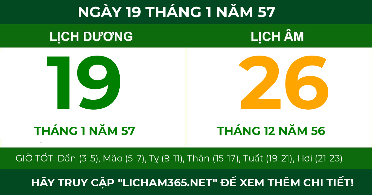lịch âm ngày 19 tháng 1 năm 57