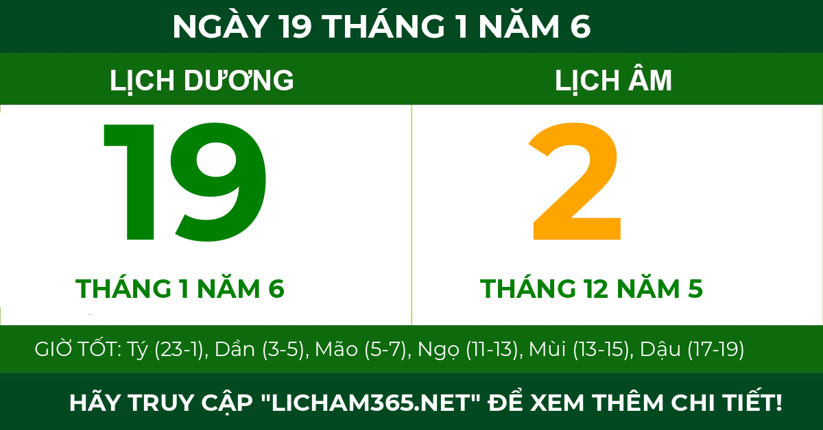 lịch âm ngày 19 tháng 1 năm 6