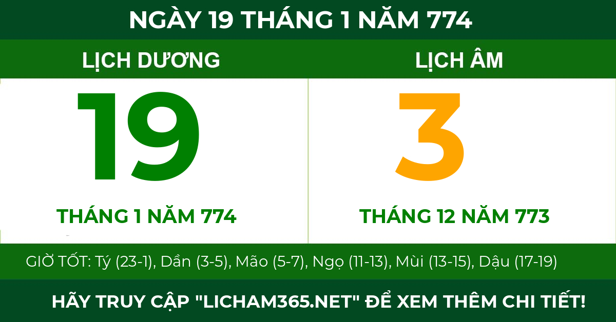 lịch âm ngày 19 tháng 1 năm 774