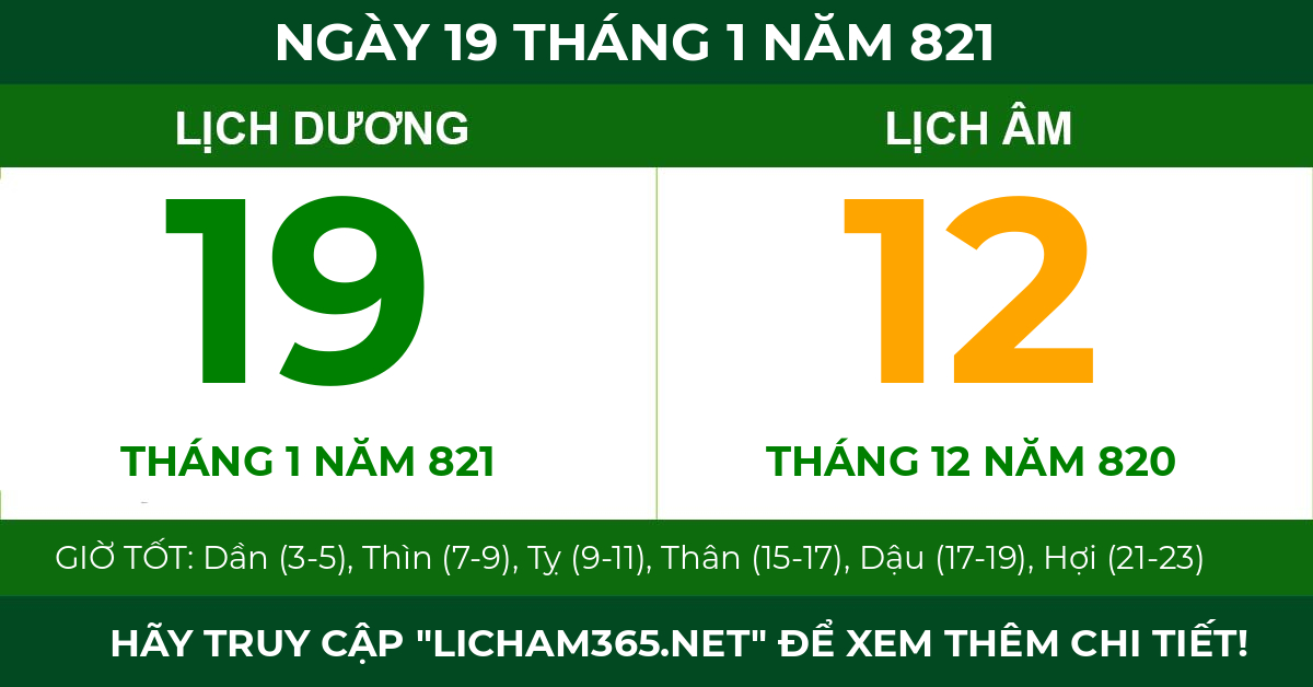 lịch âm ngày 19 tháng 1 năm 821