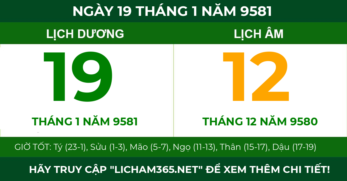 lịch âm ngày 19 tháng 1 năm 9581