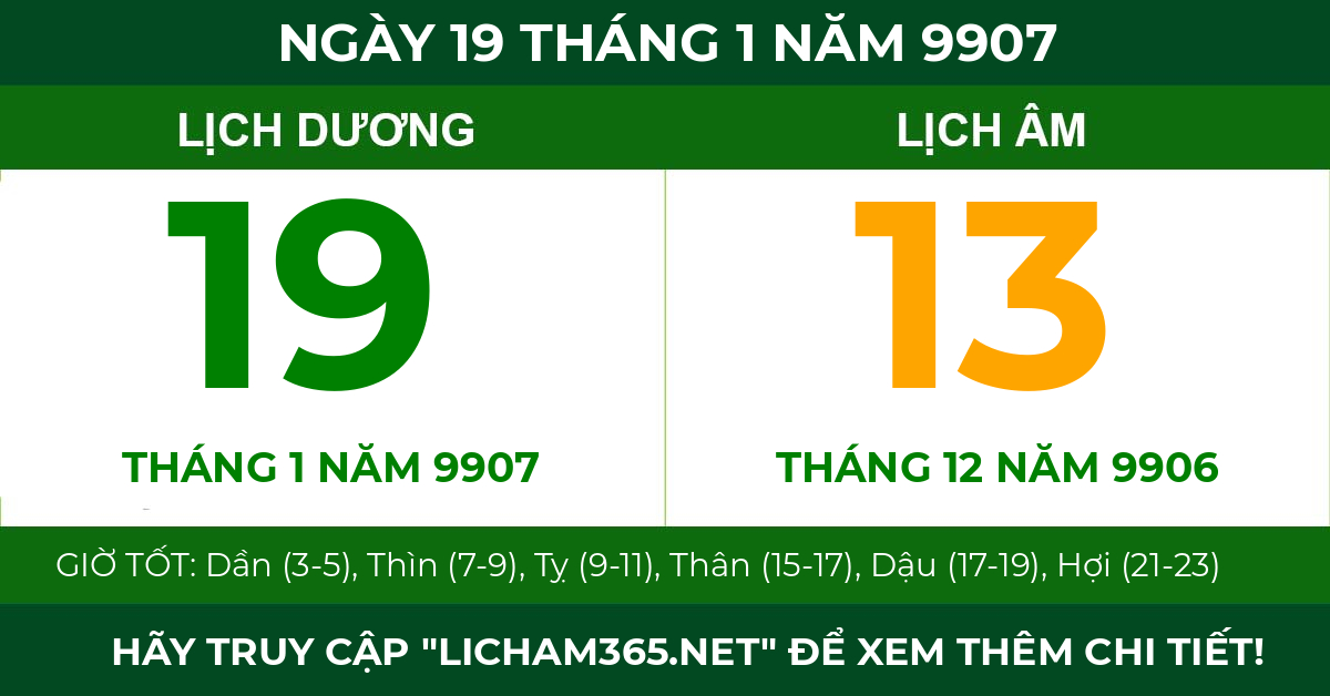 lịch âm ngày 19 tháng 1 năm 9907