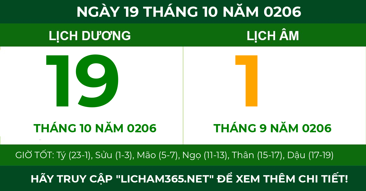 lịch âm ngày 19 tháng 10 năm 0206