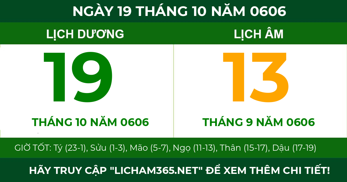lịch âm ngày 19 tháng 10 năm 0606