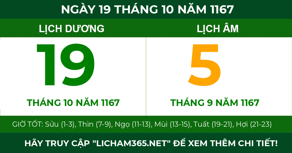 lịch âm ngày 19 tháng 10 năm 1167