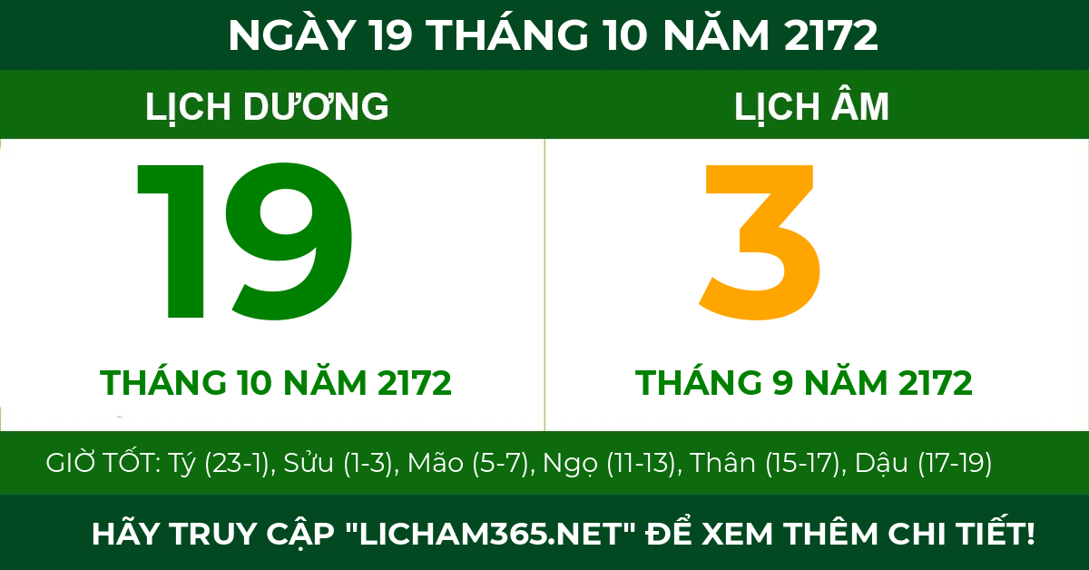 lịch âm ngày 19 tháng 10 năm 2172