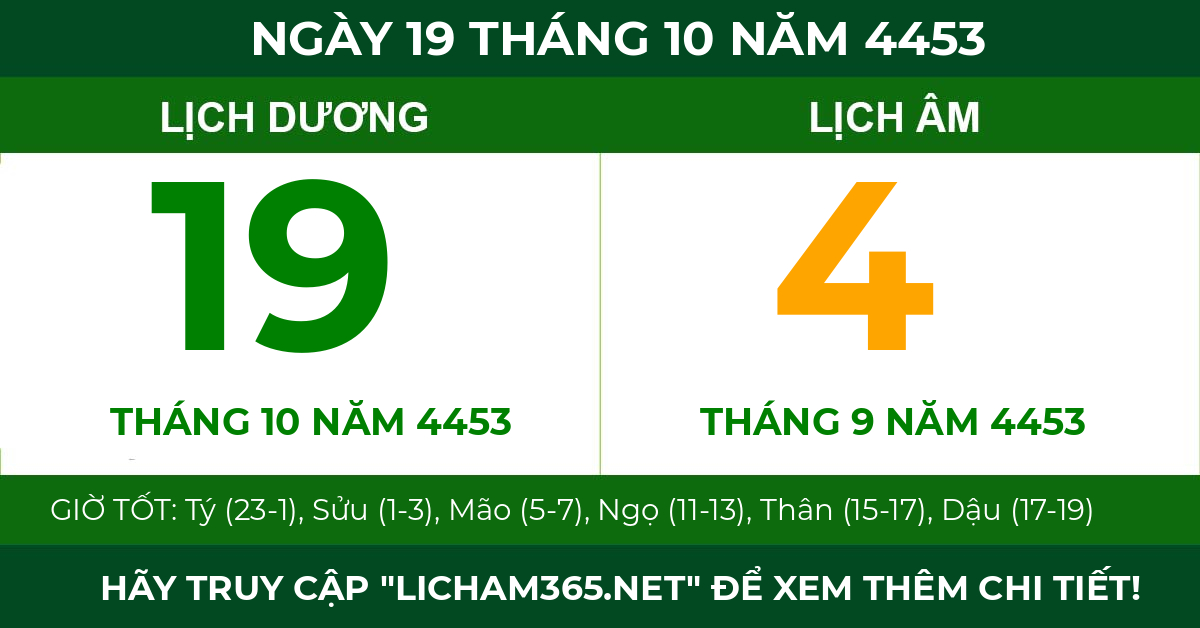 lịch âm ngày 19 tháng 10 năm 4453