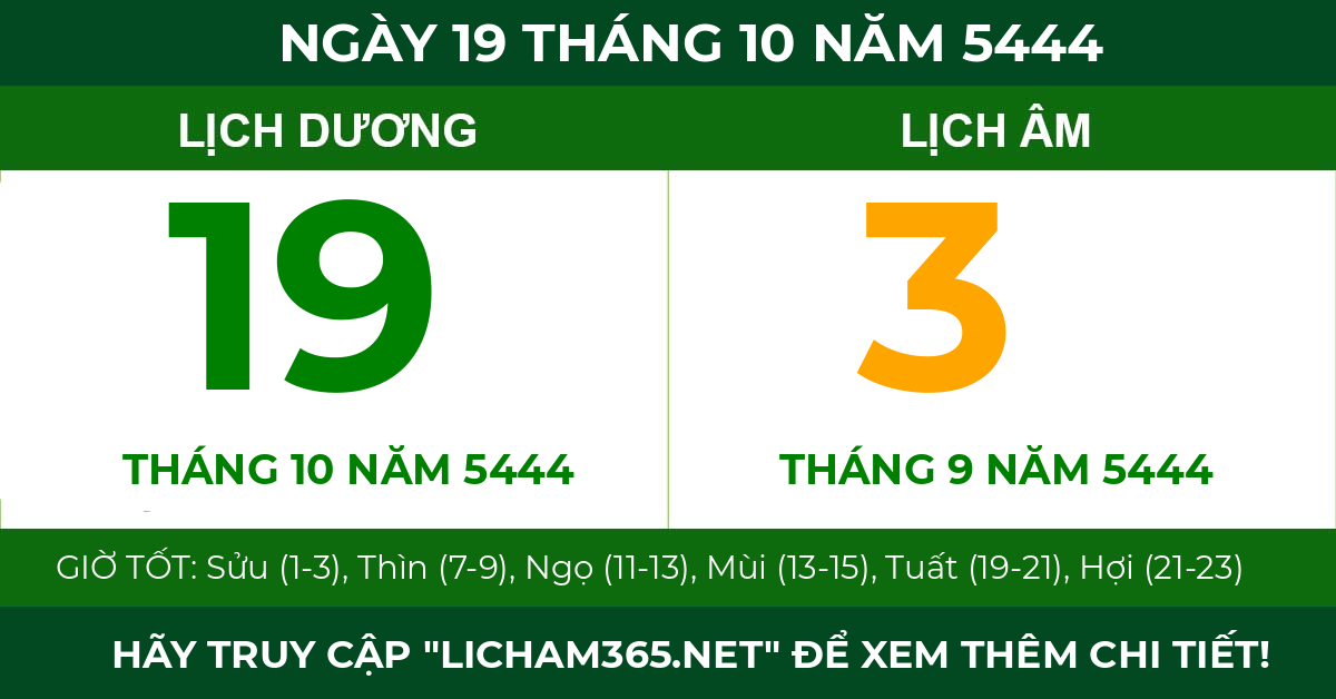 lịch âm ngày 19 tháng 10 năm 5444