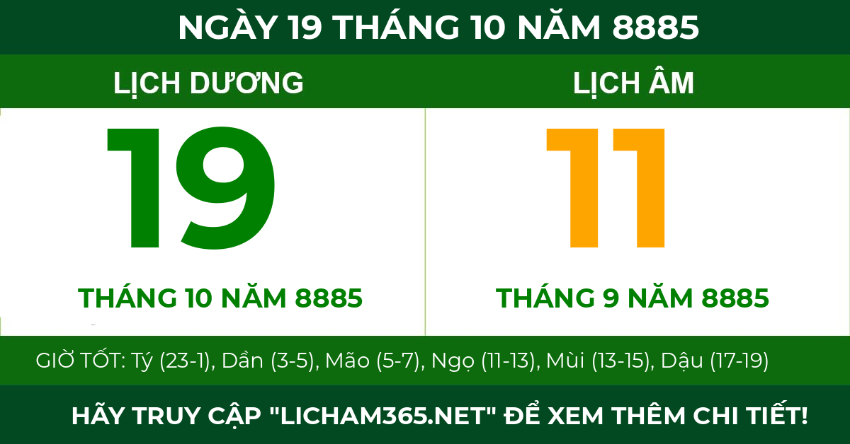 lịch âm ngày 19 tháng 10 năm 8885