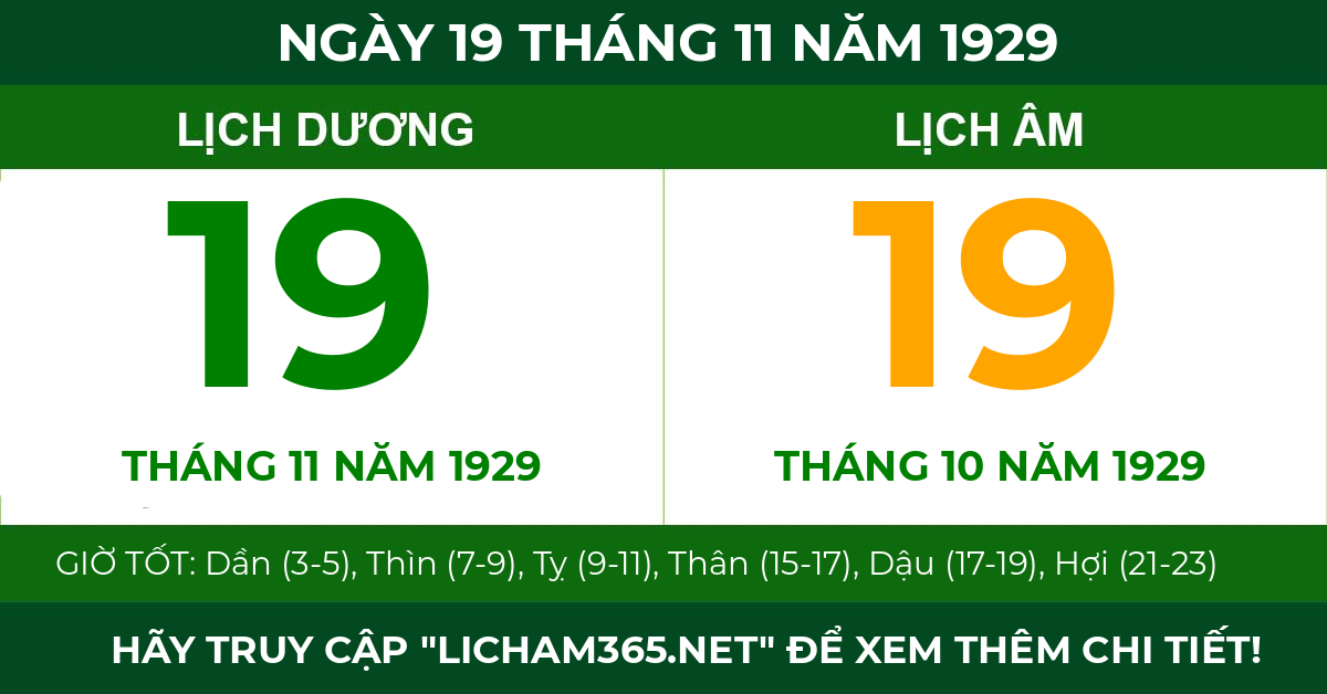 lịch âm ngày 19 tháng 11 năm 1929