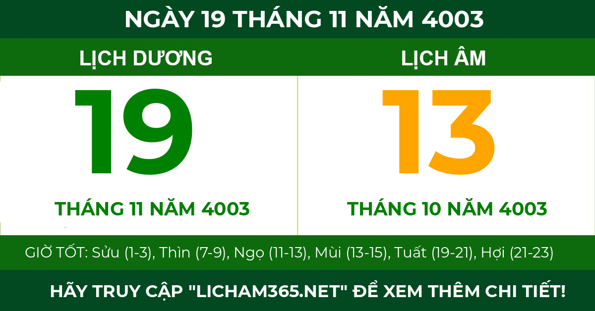lịch âm ngày 19 tháng 11 năm 4003