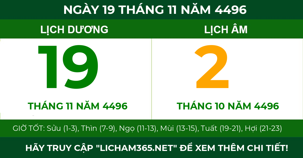 lịch âm ngày 19 tháng 11 năm 4496