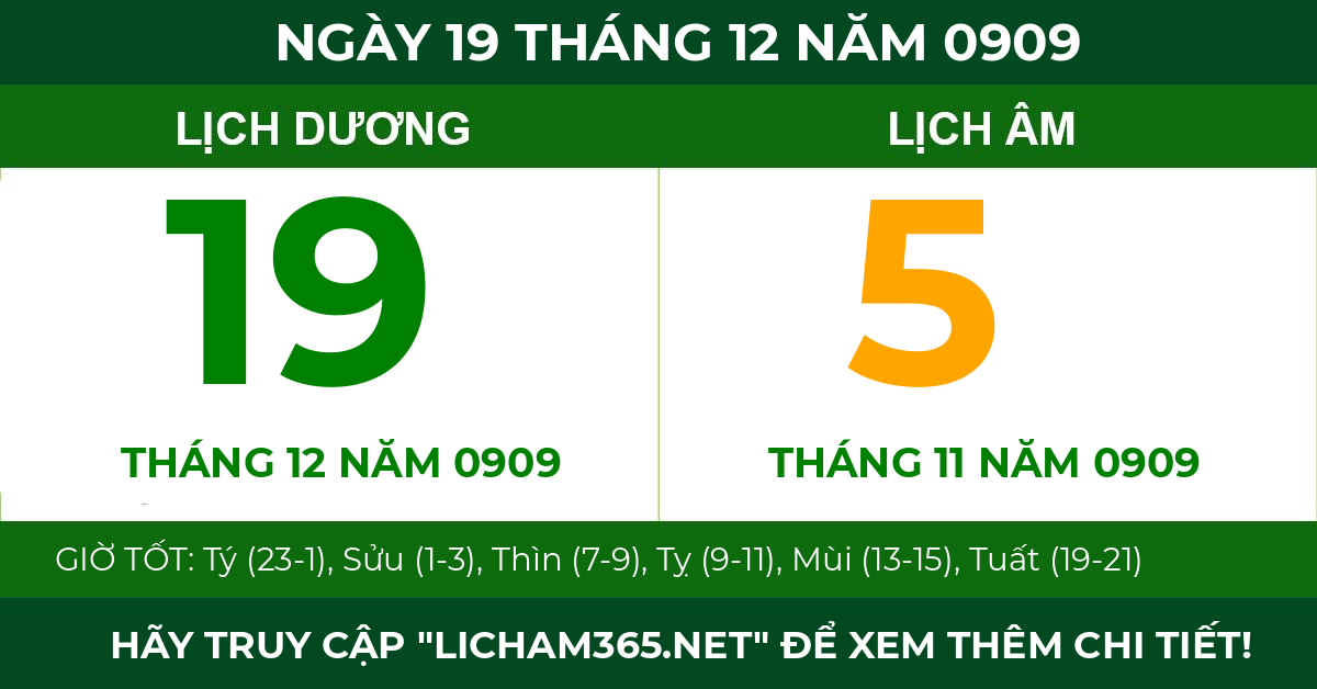 lịch âm ngày 19 tháng 12 năm 0909