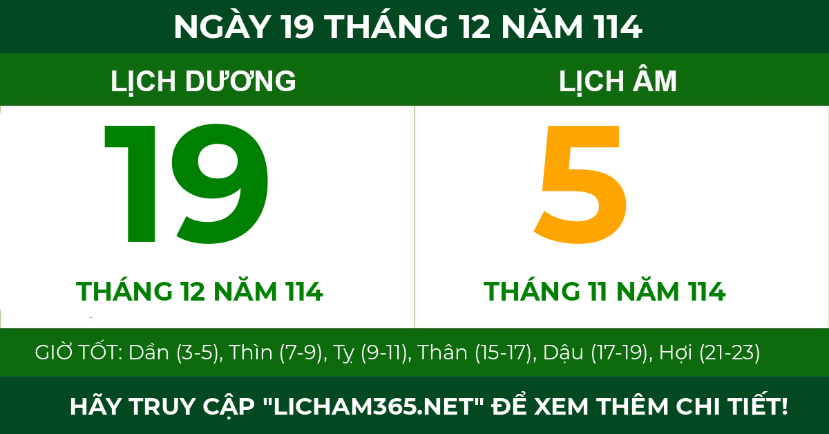 lịch âm ngày 19 tháng 12 năm 114