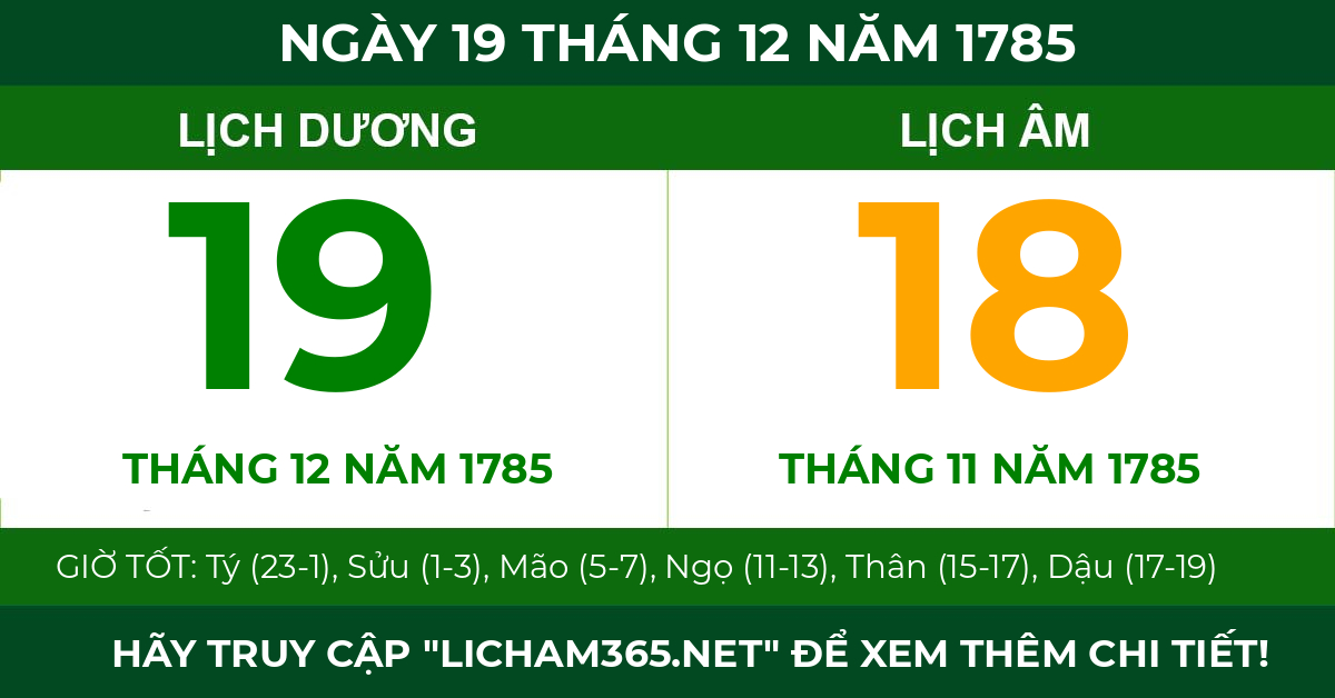 lịch âm ngày 19 tháng 12 năm 1785