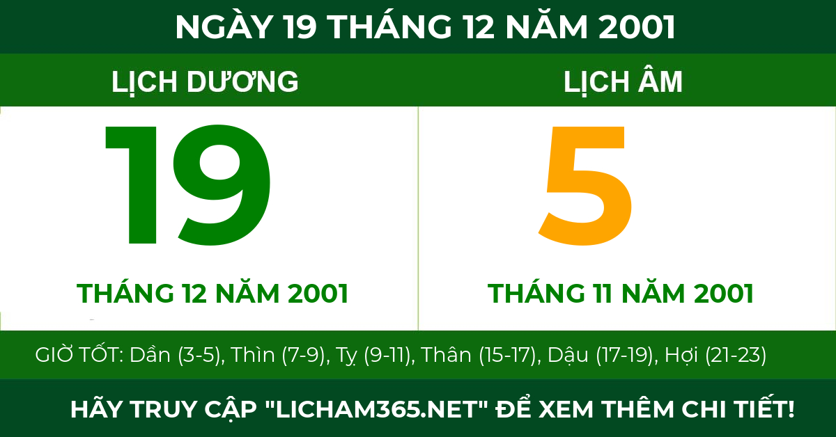 lịch âm ngày 19 tháng 12 năm 2001