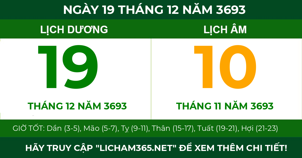 lịch âm ngày 19 tháng 12 năm 3693