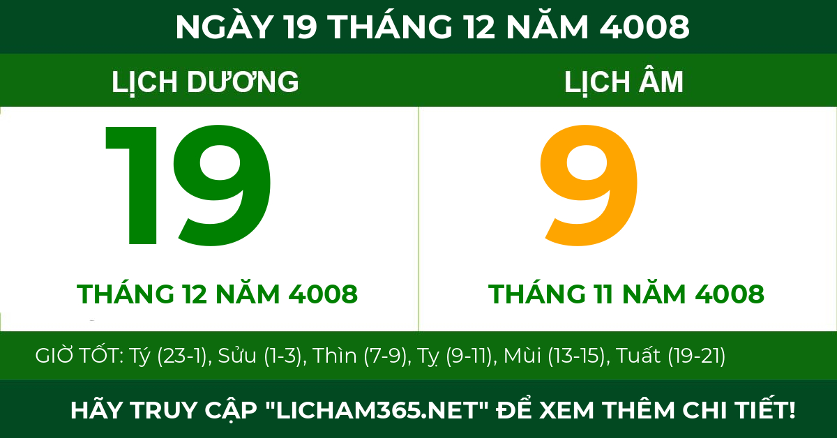 lịch âm ngày 19 tháng 12 năm 4008