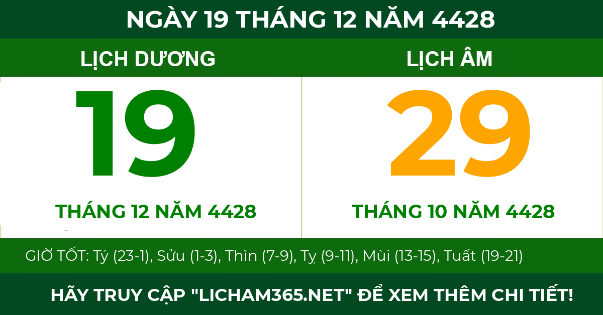 lịch âm ngày 19 tháng 12 năm 4428