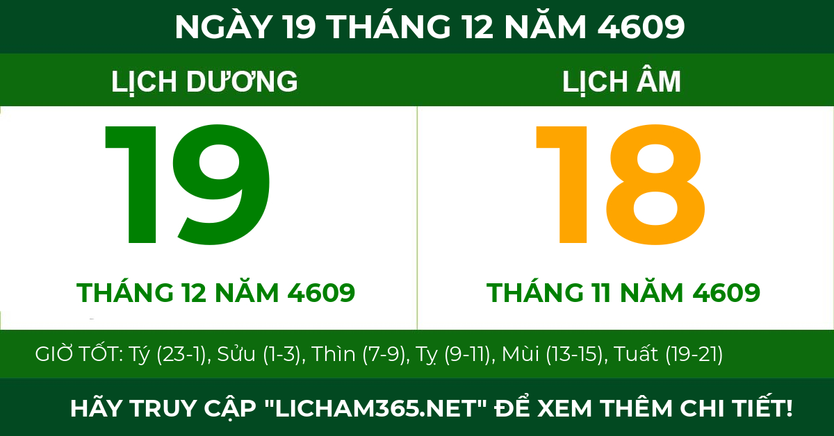 lịch âm ngày 19 tháng 12 năm 4609
