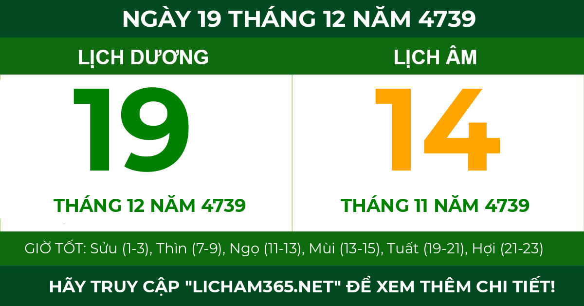 lịch âm ngày 19 tháng 12 năm 4739
