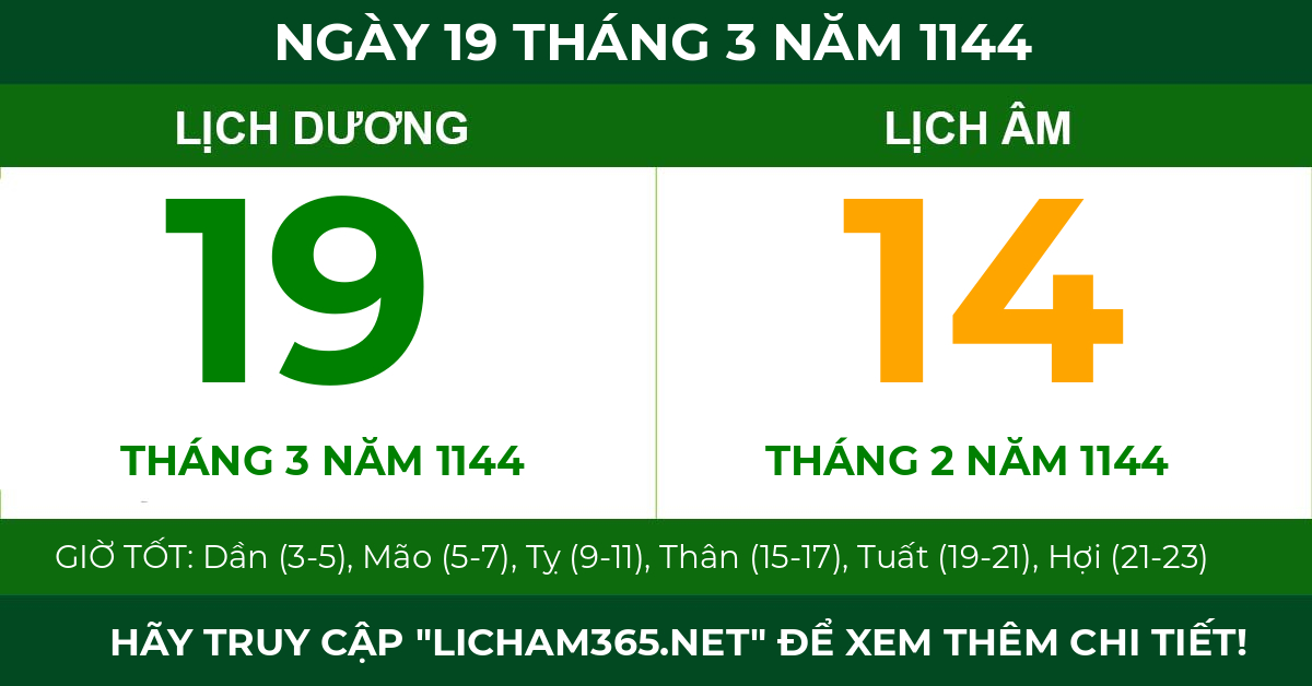 lịch âm ngày 19 tháng 3 năm 1144