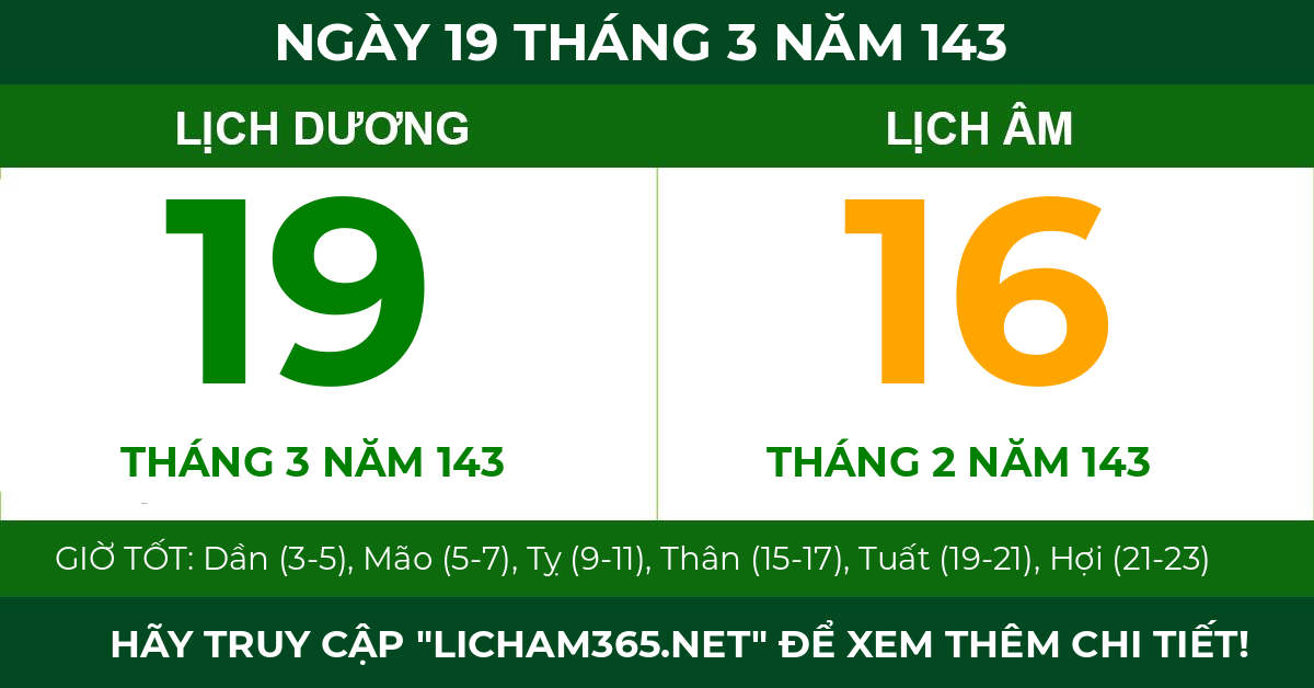 lịch âm ngày 19 tháng 3 năm 143