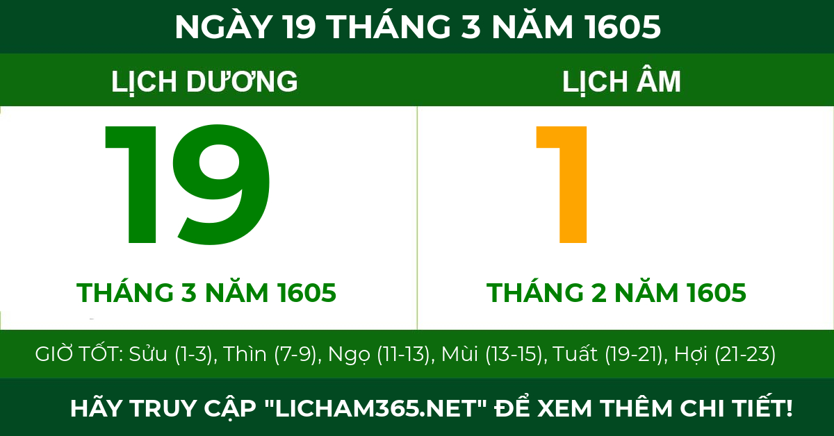 lịch âm ngày 19 tháng 3 năm 1605