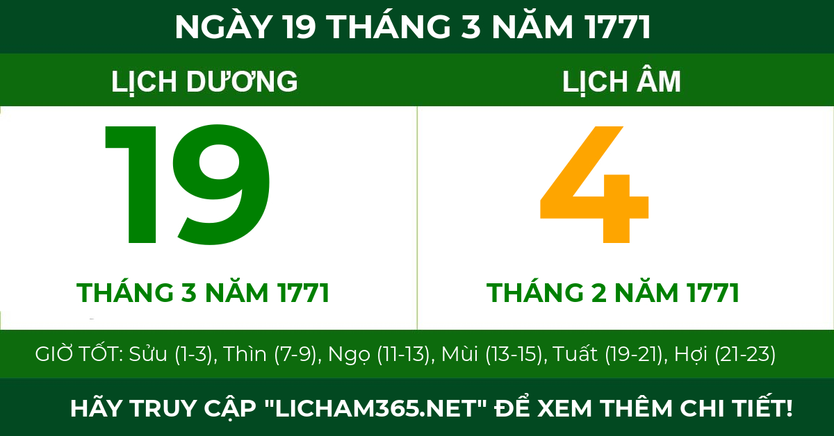 lịch âm ngày 19 tháng 3 năm 1771