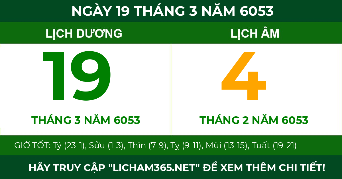 lịch âm ngày 19 tháng 3 năm 6053