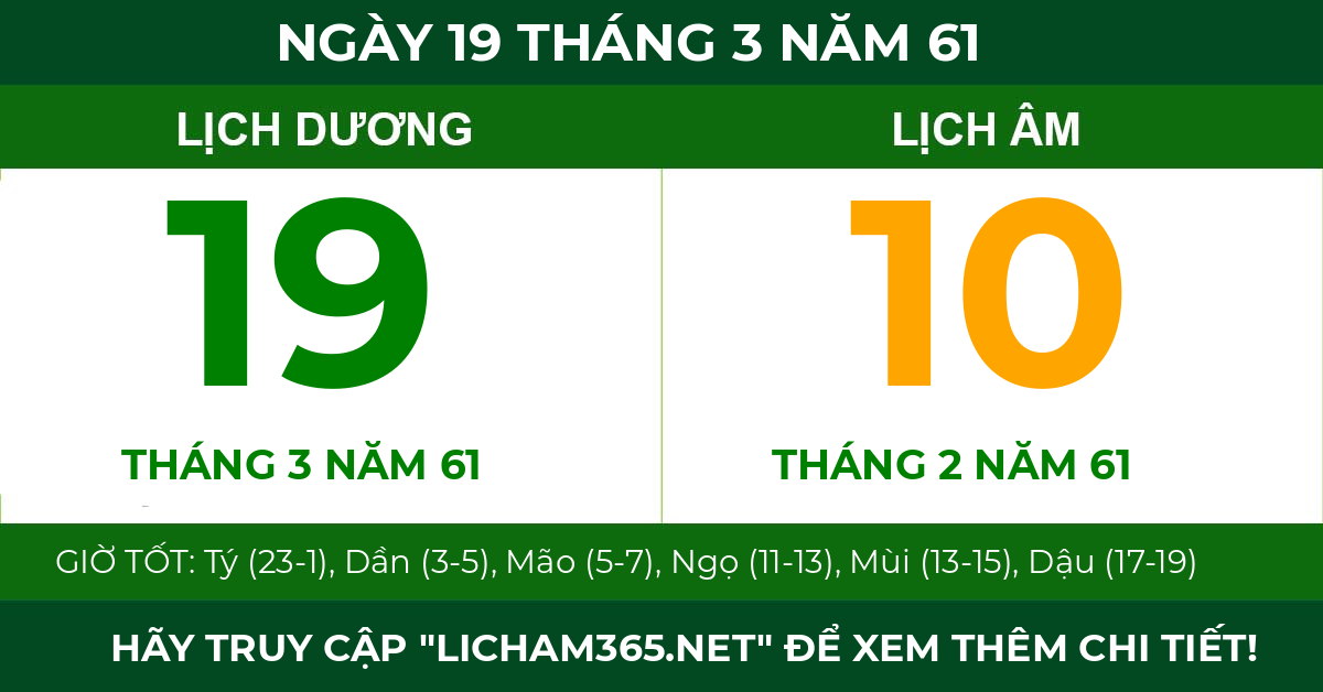 lịch âm ngày 19 tháng 3 năm 61