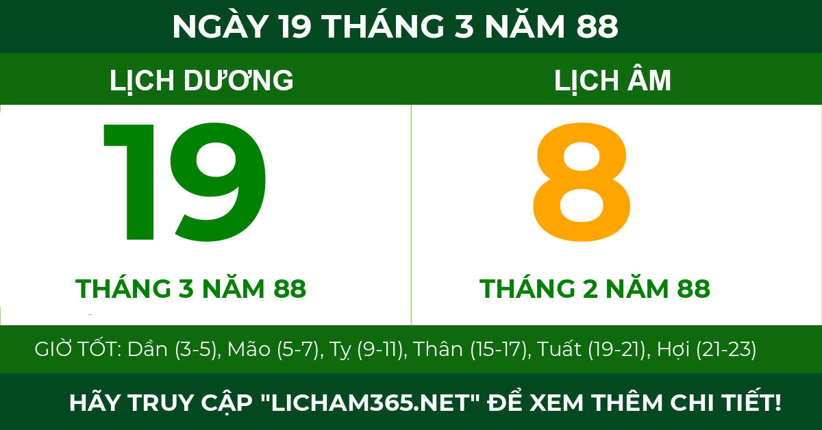 lịch âm ngày 19 tháng 3 năm 88