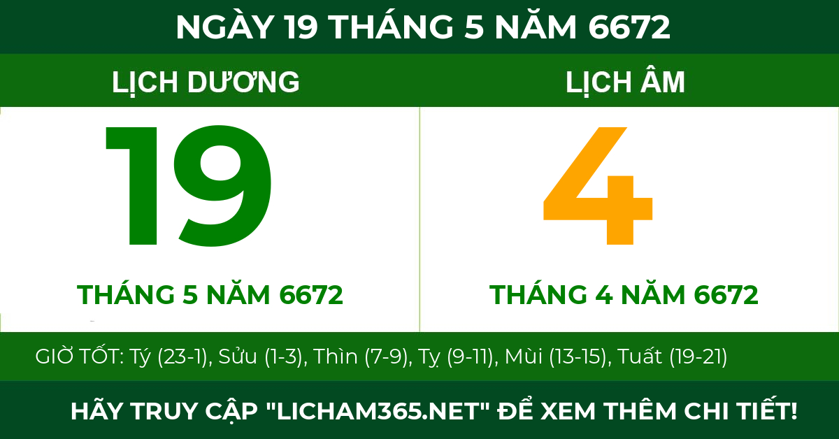 lịch âm ngày 19 tháng 5 năm 6672