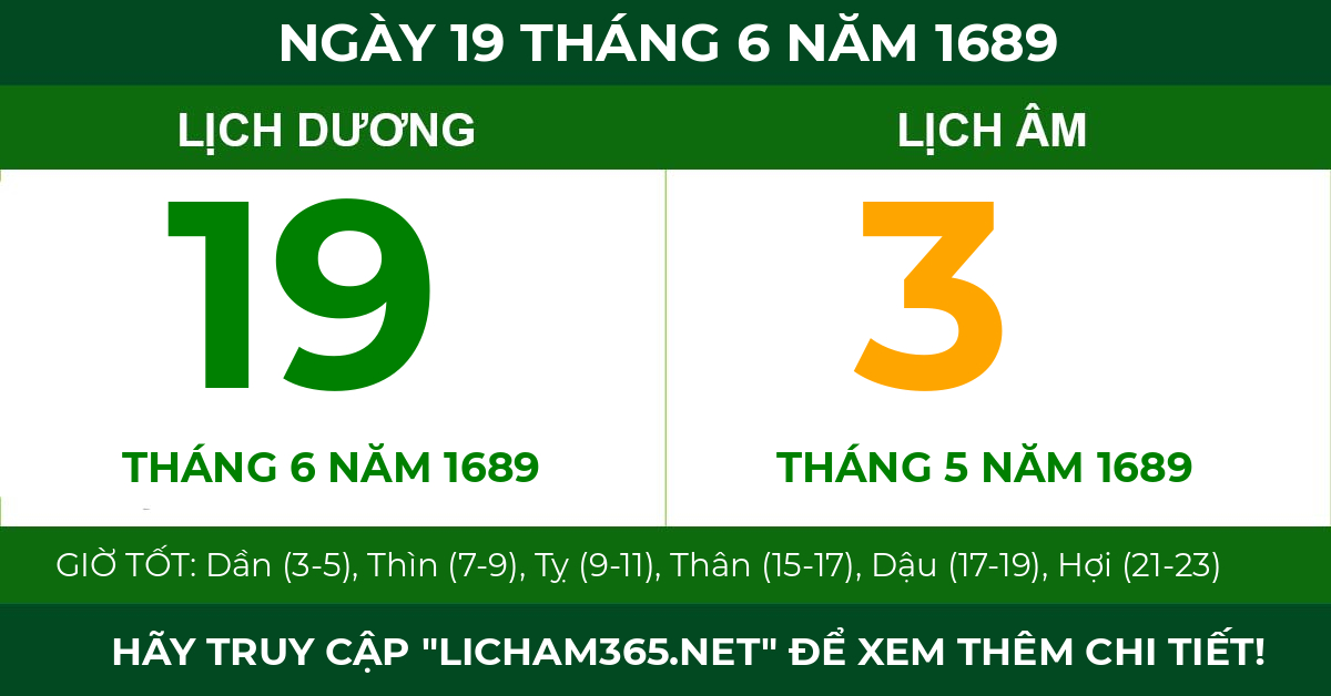 lịch âm ngày 19 tháng 6 năm 1689