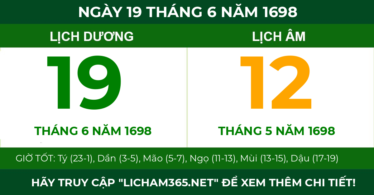 lịch âm ngày 19 tháng 6 năm 1698
