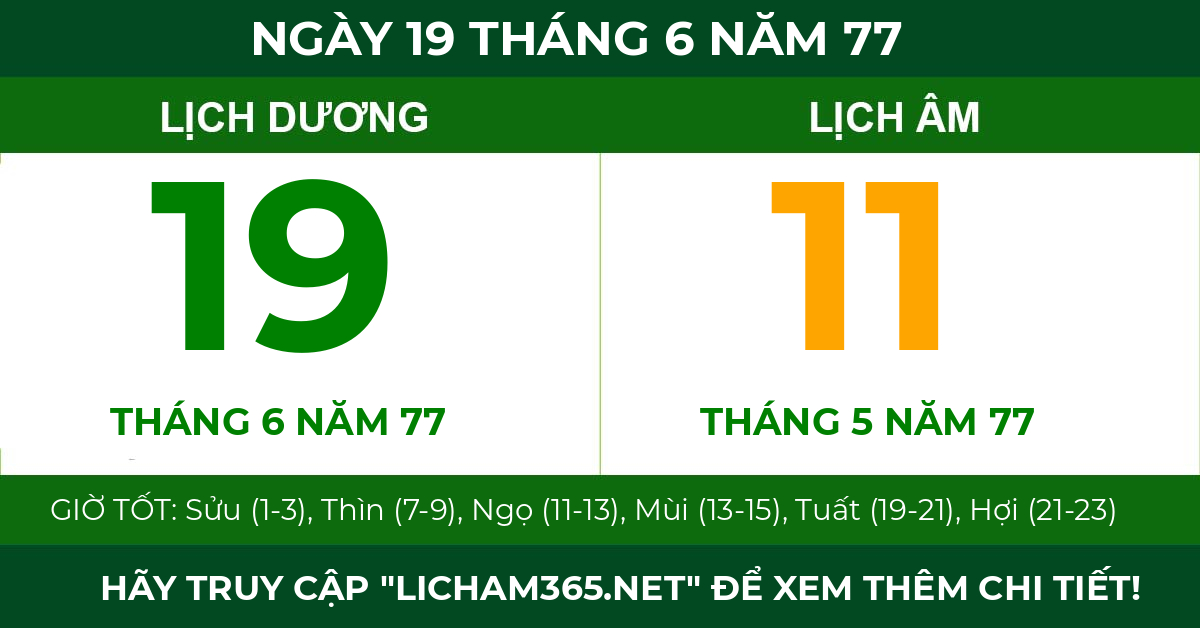 lịch âm ngày 19 tháng 6 năm 77