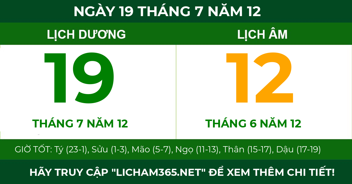 lịch âm ngày 19 tháng 7 năm 12
