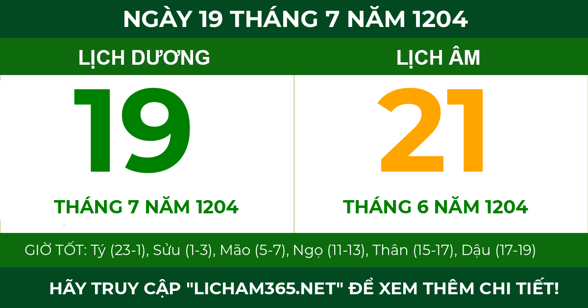 lịch âm ngày 19 tháng 7 năm 1204