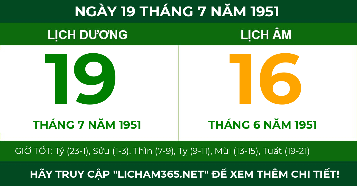 lịch âm ngày 19 tháng 7 năm 1951