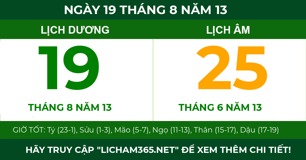 lịch âm ngày 19 tháng 8 năm 13